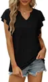 Elegante camiseta negra de mujer con cuello en V y mangas de volantes para verano - S / Tops / Negro