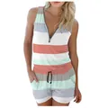 Mono corto de verano a rayas sin mangas para mujer con cuello en V con cremallera - S / Top Y Pantalón / Rayas Rosa Verde Gris (002)