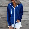 Detailed view of women's blue waffle-knit zip-up hoodie with hood and white drawstrings - 3XL / Tops / Royal Blue