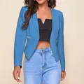 Stylish women's sky blue cropped blazer jacket featuring decorative zipper pockets - S / Tops / Blue