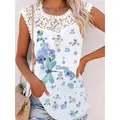 Women's summer floral tank top with lace trim and round neck sleeveless design - S / Tops / White with Blue Dragonfly and Floral Print