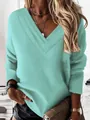 Elegante sudadera verde menta con cuello en V multicapa y manga larga para mujer - Verde claro
