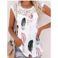Women's stylish white sleeveless tank top featuring pink feather print and lace crochet yoke - S / Tops / Feather Print