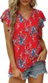 Top de verano rojo elegante con estampado floral, cuello en V y mangas con volantes - Floral Rojo