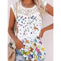 Casual women's summer tank top featuring elegant lace neckline and vibrant butterfly prints - S / Tops / White (Butterfly Print)(2图)