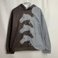 Close-up detail of the horse head print and knitted texture on this vintage oversized hoodie - S / Tops / Gray