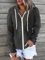 Detail of women's cable-knit zip-up hoodie featuring white drawstrings and zipper - 3XL / Tops / Gray