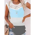 Casual women's sleeveless summer tank top featuring lace trim and a blue grey color block pattern - S / Tops / Color Block (3图)
