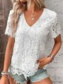 Elegant white floral lace short sleeve blouse with V-neck for stylish summer women look - 3XL / Top (ZC-404) / White