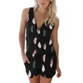Summer women's black sleeveless romper with pink feather print and V-neck zipper - S / Top And Bottom / Black Feather Print (007)