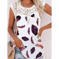 Women's casual loose tank top with white lace neckline and purple feather print. - S / Tops / Feather Print