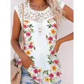 Elegant floral print sleeveless tank top for women with delicate white lace neckline detail - S / Tops / Colorful Floral Prints