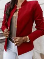 Detail view of a stylish red long sleeve blazer with a modern stand collar design. - S / Tops / Red