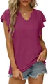 Camiseta casual de verano con cuello en V y mangas con volantes en magenta - Fucsia