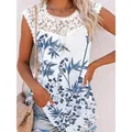 Casual women's tank top with white lace neckline and stylish blue bamboo leaf print. - S / Tops / Blue Bamboo Leaf Print