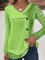 Stylish vibrant green long-sleeve ribbed top with asymmetrical button detail and print - S / Tops / Green