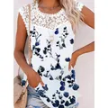 Elegant women's casual white floral print tank top with lace neckline patchwork trim - S / Tops / White Background Dark Blue Floral Print