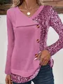 Women's pink ribbed long sleeve top with V-neck, buttons and leopard print detail. - S / Tops / Purple