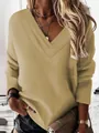 Sudadera casual caqui para mujer de manga larga con un moderno diseño de cuello en V a capas - Caqui
