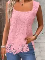 Detail view of stylish pink sleeveless tank top featuring floral lace and square neck - 3XL / Tops / Pink