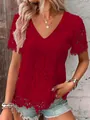 Elegant red V-neck lace top featuring intricate floral patterns and scalloped edges - Red