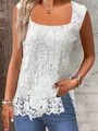 Close-up of elegant white floral lace sleeveless tank top with square neckline. - 3XL / Tops / White