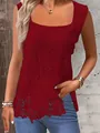 Close-up of red floral lace tank top with square neckline and delicate embroidery - 3XL / Tops / Red