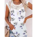 Summer casual loose tank top featuring butterfly flower print and white lace neckline trim - S / Tops / White with Purple Floral and Butterfly Print
