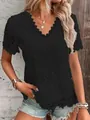 Detailed view of women's black floral lace short-sleeve V-neck top - 3XL / Tops / Black