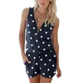 Women's summer sleeveless romper featuring white star print and functional front zipper - S / Top And Bottom / Dark Blue Star (0012)