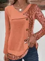 Stylish women's orange V-neck ribbed long sleeve top with leopard print and buttons - S / Tops / Orange
