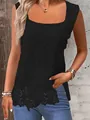Elegant black lace sleeveless tank top with square neckline and floral embroidery - Black