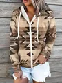 Gedetailleerd overzicht van vintage dames hoodie met Azteekse print en ritssluiting - S / Tops / Khaki