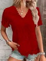 Elegant red lace short sleeve V-neck blouse with intricate floral embroidery detail - 3XL / Tops / Red