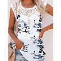 Elegant white sleeveless floral print top for women featuring a delicate lace collar - S / Tops / White with Blue-Black Plum Blossom Print