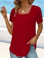 Detailed view of women's red square neck blouse with delicate lace sleeve design - Red