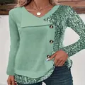 Stylish V-neck long sleeve blouse for women with ribbed texture and animal print details - Light Green