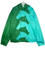 Close-up of vintage oversized green hoodie featuring a vertical horse head graphic print. - S / Tops / Green