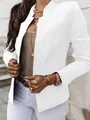 Detail view showing the elegant stand collar of a white long-sleeved women's blazer - S / Tops / White