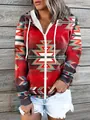 Detail van een rode dameshoodie met een Zuidwest-geometrische print en witte rits - S / Top (Stijl 1) / Rood