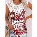 Casual sleeveless floral print tank top for women featuring white lace trim and round neck. - S / Tops / Pink Floral Print