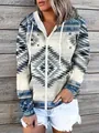 Women's tribal print zip-up hoodie sweatshirt with white drawstring and hood details - S / Tops / Lake Blue