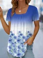 Detalle de blusa plisada de manga corta para mujer con estampado floral degradado - S / Tops / Azul