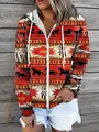 Close-up of women's zip-up hoodie featuring ethnic horse and dreamcatcher prints. - S / Tops / Orange Red