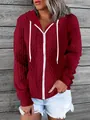 Casual women's burgundy cable-knit zip-up hoodie jacket with white drawstring details - 3XL / Tops / Rose Red