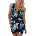 Sleeveless tropical leaf print romper featuring a front zipper and adjustable drawstring waist - S / Top And Bottom / Dark Blue Leaf Print (0018)
