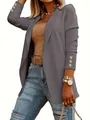 Close-up detail of a grey women's tailored blazer jacket with elegant gold button cuffs - S / Tops / Gray