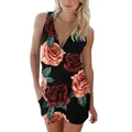Sleeveless casual women's floral romper with zipper v-neck and handy pocket detail - S / Top And Bottom / 黑色玫瑰印花(0019)