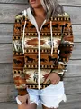 Women's zip-up hoodie with long sleeves featuring ethnic horse and tribal prints - S / Top (Style 2) / Coffee