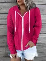 Women's vibrant pink zip-up hoodie with textured cable knit design and white drawstrings. - 3XL / Tops / Rose Red